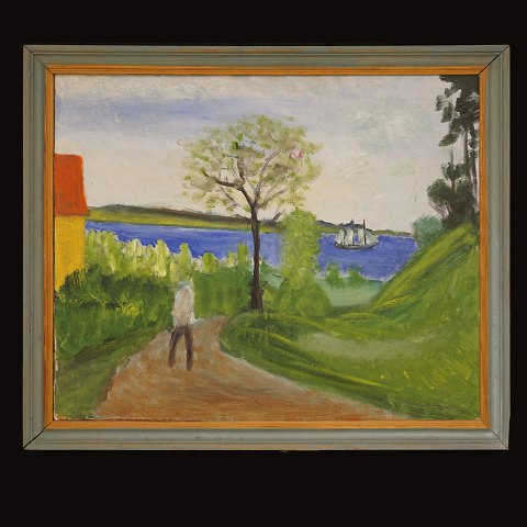 Jens Søndergaard, 1895-1957: Landscape with water, 
house and a person. Oil on canvas. Signed and 
dated 1952. Visible size: 66x79cm. With frame: 
77x90cm