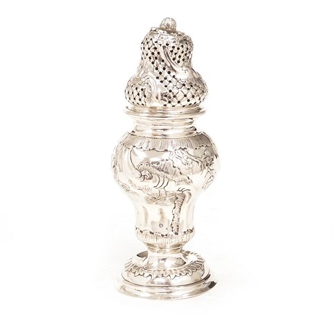 Arved Hansen, Copenhagen, 1765-83: Silver sugar 
caster. Dated 1768. H: 19cm. G: 237gr