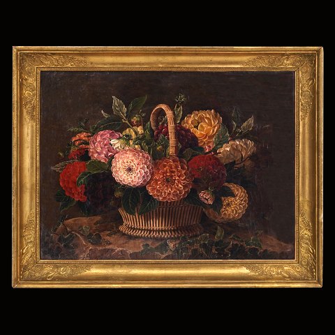 Unknown artist: Stilleben with flowers. Oil on 
canvas. Denmark circa 1840. Visible size: 42x56cm. 
With frame: 53x67cm