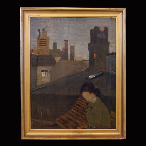 Carl Fischer, 1887-1962, olie på plade: Kvinde og 
hustage. Olie på plade. Signeret. Lysmål: 73x55cm. 
Med ramme: 84x66cm