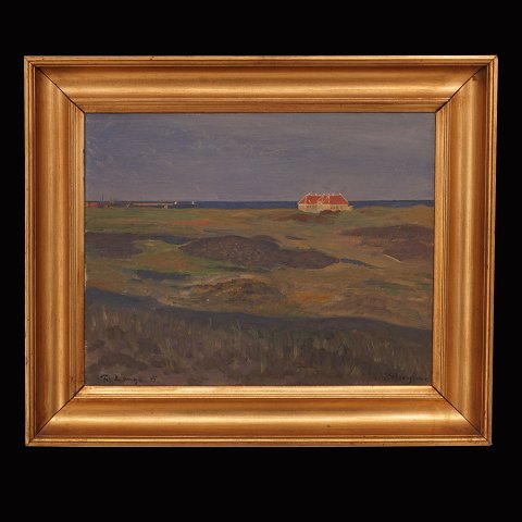 Frederik Lange, 1871-1941, olie på lærred: 
Klitgården i Skagen. Lysmål: 32x40cm. Med ramme: 
45x53cm