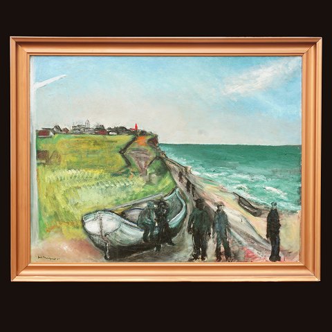 Jens Søndergaard, 1895-1957, olie på lærred. 
"Bovbjerg Strand" med Ferring by i baggrunden. 
Erhvervet direkte af kunstneren af tidligere ejers 
familie. Har således ikke været i handlen før. 
Signeret og dateret. Lysmål: 76x99cm. Med ramme: 
89x112cm