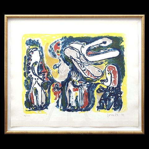 Asger Jorn litografi. Asger Jorn, 1914-73, 
litografi
"Sujet Romantique". 71/100. Signeret "Jorn 53".
Lysmål: 54x64cm. Med ramme: 61x72cm