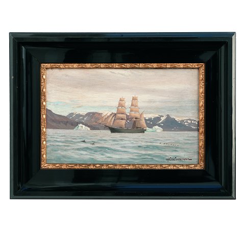 Riis Carstensen maleri. Andreas Riis Carstensen, 
1844-1906, olie på lærred. Marinemotiv med skib ud 
for Grønlands kyst. Signeret. Lysmål: 22x36cm. Med 
ramme: 39x53cm