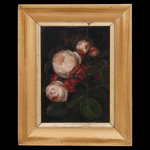 Signiertes I. L. Jensen, 1800-56, Blumengemälde. 
Öl auf Leinen auf Platte. Lichtmasse: 20x14,5cm. 
Mit Rahmen: 29x23,5cm