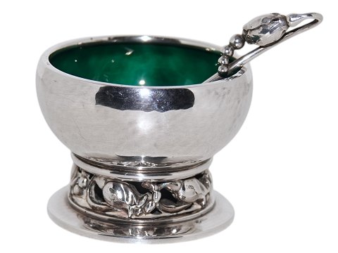 Georg Jensen Blossom Sterling SilverSalt jar with green enamel and salt spoon