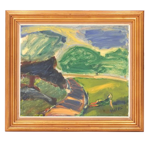 Erik Hoppe maleri. Erik Hoppe, 1897-1968, olie på 
lærred. Motiv fra Søndermarken. Signeret. Lysmål: 
56x66cm. Med ramme: 76x86cm