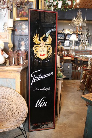 Decorative, old advertising sign (Teilmann wine) painted on glass in a wooden 
frame...