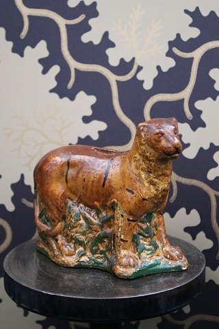 Antique Bornholm ceramic piggy bank in the shape of a tiger with old original 
painting...
