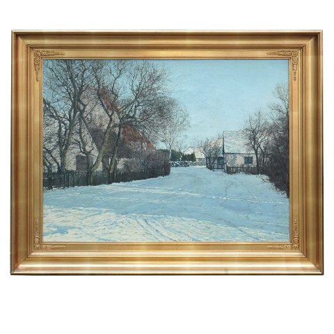 Ole Ring maleri. Ole Ring, 1902-72, olie på 
lærred. Vinterdag i snedækket landsby. Signeret og 
dateret 1963. Lysmål: 57x75cm. Med ramme: 76x94cm