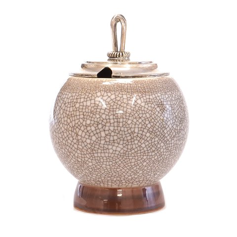 Danish porcelain jam jar by Bing & Grøndahl, Copenhagen. Silver lid by Hugo Grün, Copenhagen, 1949. H: 13cm