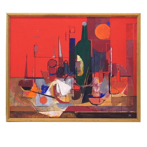 Maleri Helge Ernst. Helge Ernst, 1916-91, olie på lærred. "Den Grønne Flaske". Signere tog dateret 1975. Lysmål: 59x73cm. Med ramme: 64x78cm