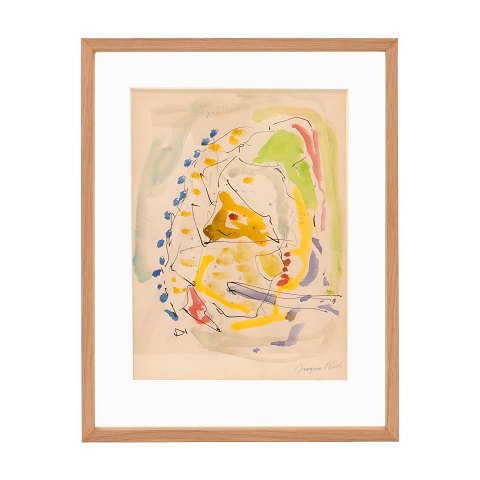 Jørgen Nash maleri. Jørgen Nash, 1920-2004, mixed media på papir. Signeret. Betitlet "Tyskland". Lysmål: 28x20,5cm. Med ramme: 39x30cm