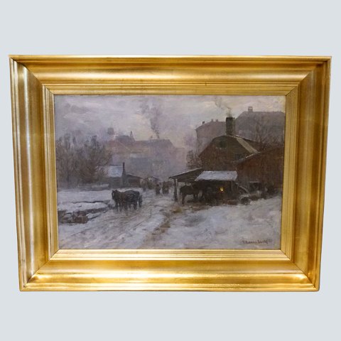 A. Andersen Lundby; Oil painting, winter scene