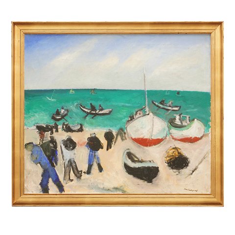 Jens Søndergaard maleri. Jens Søndergaard, 1895-1957, olie på lærred. Motiv med fiskere og fiskerbåde på strand. Signeret Jens Søndergaard. Lysmål: 86x99cm. Med ramme: 98x111cm