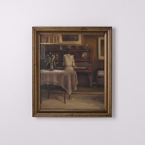Interior Painting “Lady at the Piano” in Gilt Frame from the 1930s