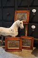 3 gamle 1800 tals tegninger med hestemotiver hver indrammet i  birketræs rammer 
med sølvkant...