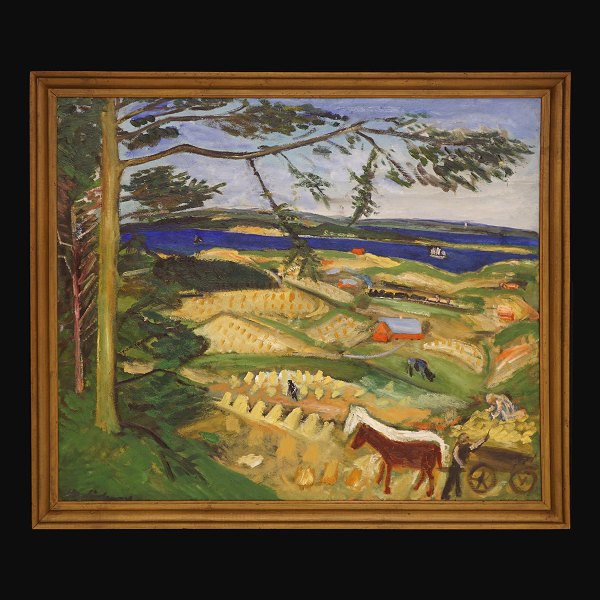 Jens Søndergaard, 1895-1957, "Landschaft". Signiert und datiert 1938. 
Lichtmasse: 79x95cm. Mit Rahmen: 88x104cm