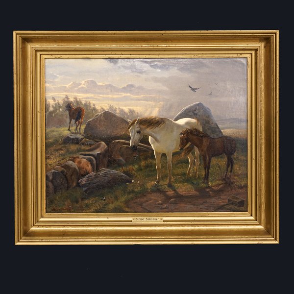 Simon Simonsen, 1841-1928: Tre heste stående på bakketop i opklaring efter 
uvejr. Dateret og signeret 1864. Lysmål: 31x40cm. Med ramme: 42x51cm