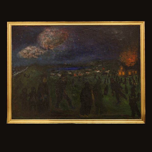 Jens Søndergaard: "Burning House", Signed and dated 1931. Visible size: 
96x122cm. With frame: 102x128cm
