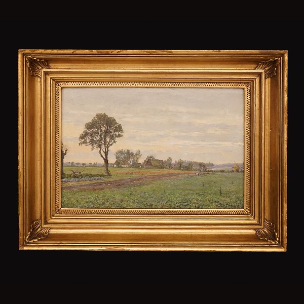 Ole Ring, 1902-72: View with fields and a small village. Oil on canvas. Signed 
and dated 1942. Visible size: 21x31cm. With frame: 33x43cm