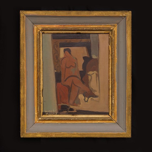 Pierre André Bouey, 1898-1976, interiør med kvinde. Olie på lærred. Signeret. 
Lysmål: 26x21, Med ramme: 39x34cm