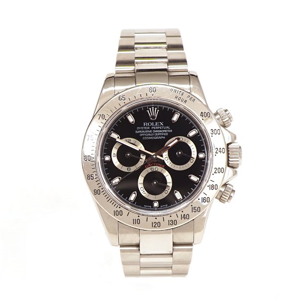 Rolex Daytona i stål. Ref. 116520. Solgt første gang 16.06.06. Leveres med box 
og papirer. Flot stand. D: 40mm