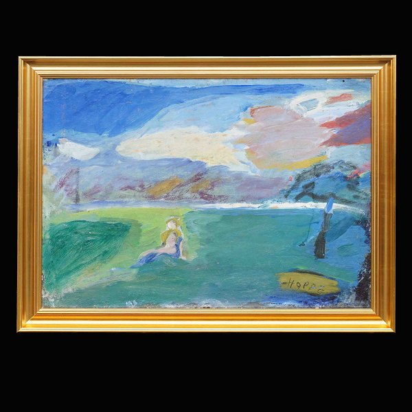 Erik Hoppe, Denmark, 1896-1968, oil on canvas: Summer in Copenhagen. Signed. 
Visible size: 50x69cm. With frame: 60x79cm