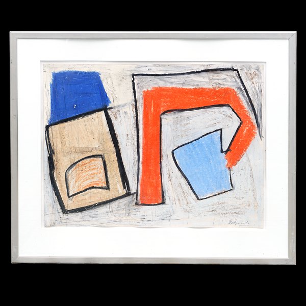 Robert Jacobsen abstrakt motiv. Robert Jacobsen, 1912-93. Oliekridt på kraftigt 
papir. Abstrakt komposition. Signeret. Lysmål: 50x65cm. Med ramme: 71x84cm