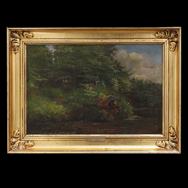 C. F. Aagaard, 1833-95, oil on canvas. Waldscape with stream. Signed and dated 
C. F. Aagaard 18. juni 1890. Visible size: 33x49cm. With frame: 46x52cm