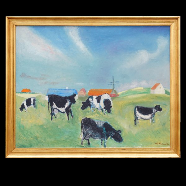 Jens Søndergaard, 1895-1957, oil on canvas. "Landscape with cows". Signed and 
dated 1946. Visible size: 109x134cm. With frame: 126x151cm