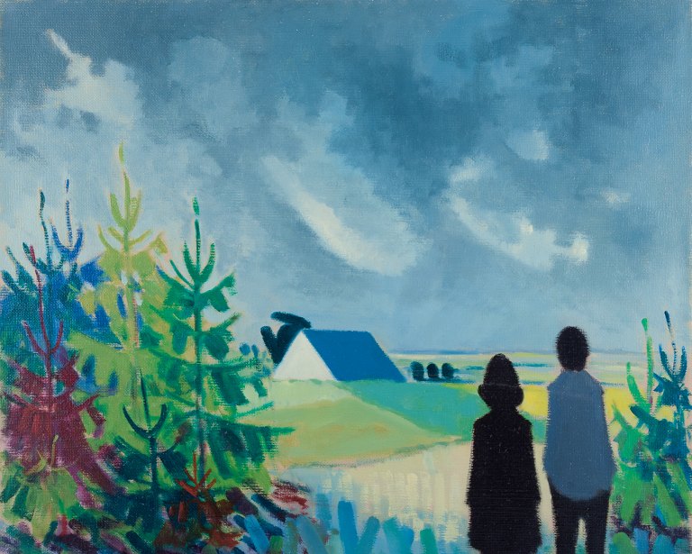 K. Westerberg, also known as Knud Horup, listed Danish artist, oil on canvas. Modernist style. Landscape with figures.