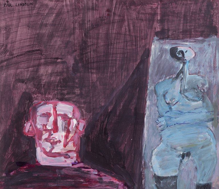Pär Lindblad (1907-1981), well listed Swedish artist. Gouache on paper.Abstract figurative composition.