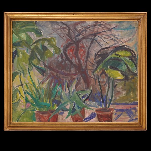 Axel P. Jensen, 1886-1972, Öl auf Leinen. "Blumen im Fenster" Signiert. 
Lichtmasse: 80x99cm. Mit Rahmen: 94x113cm