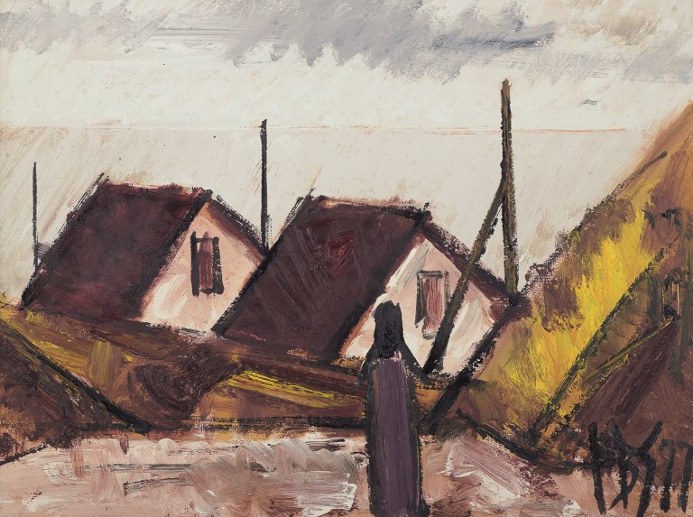 Peder Brøndum Sørensen (1931-2003), Danish painter, oil on canvas.Modernist cityscape.