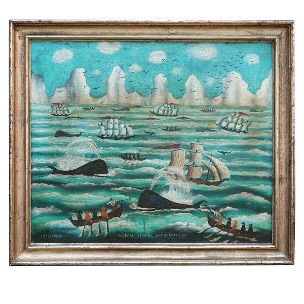 Parti med hvalfangere foran Grønlands kyst, olie på lærred Signeret og dateret 
"Landenne 55" (år 1855). Betitlet "Valfiske Utanför Grönlands-Kust". Lysmål: 
61x72cm. Med ramme: 72x83cm