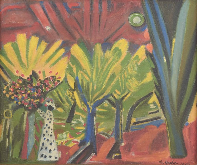 C. Grahn, svensk kunstner.
Abstrakt komposition med træer og figur.
Olie på plade.