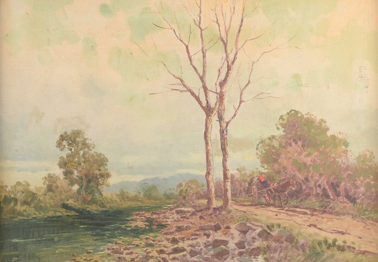 Ilio Giannaccini (1897-1968)
Landscape with road and cart driver.
Oil on canvas.