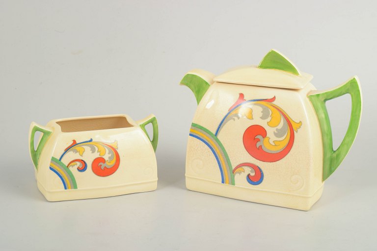 Clarice Cliff for Royal Doulton, teapot and sugar bowl.