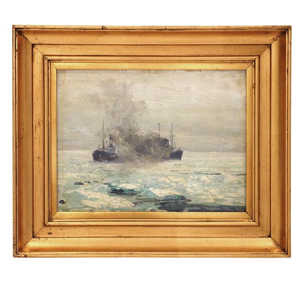 Christian Benjamin Olsen, 1873-1935, olie på træ. Marinebillede med motiv i form af damper i ishav. Signeret og dateret 1924. Lysmål: 19x26cm. Med ramme: 31x37cm
