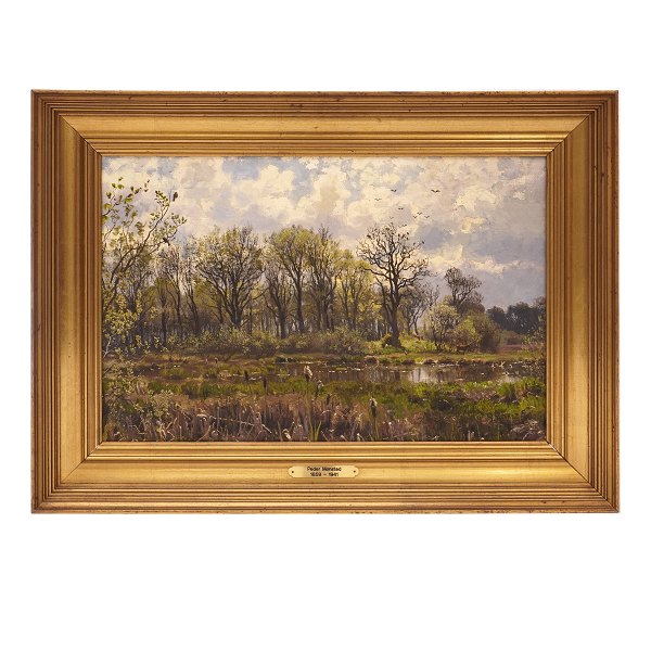 Peder Mønsted maleri. Peder Mønsted, 1859-1941, olie på lærred. "Foraar i Bøllemosen". Signeret og dateret 1882. Lysmål: 31x48cm. Med ramme: 45x62cm