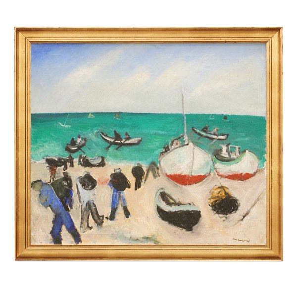 Jens Søndergaard, 1895-1957, oil on canvas. Motif with fishermen and -boats at the beach. Signed. Visible size: 86x99 cm. With frame: 98x111cm